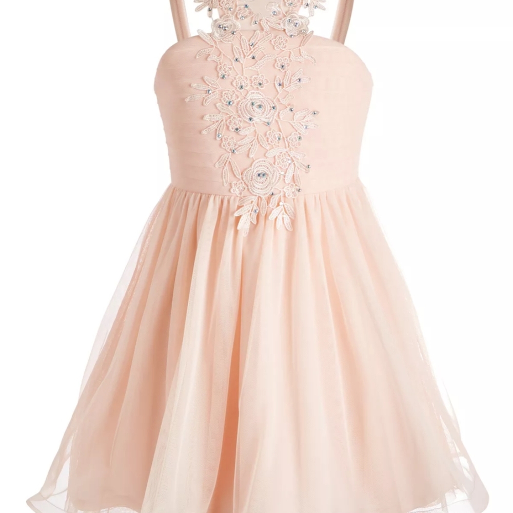 Elegant Pink-Peach Embroidered Halter Dress